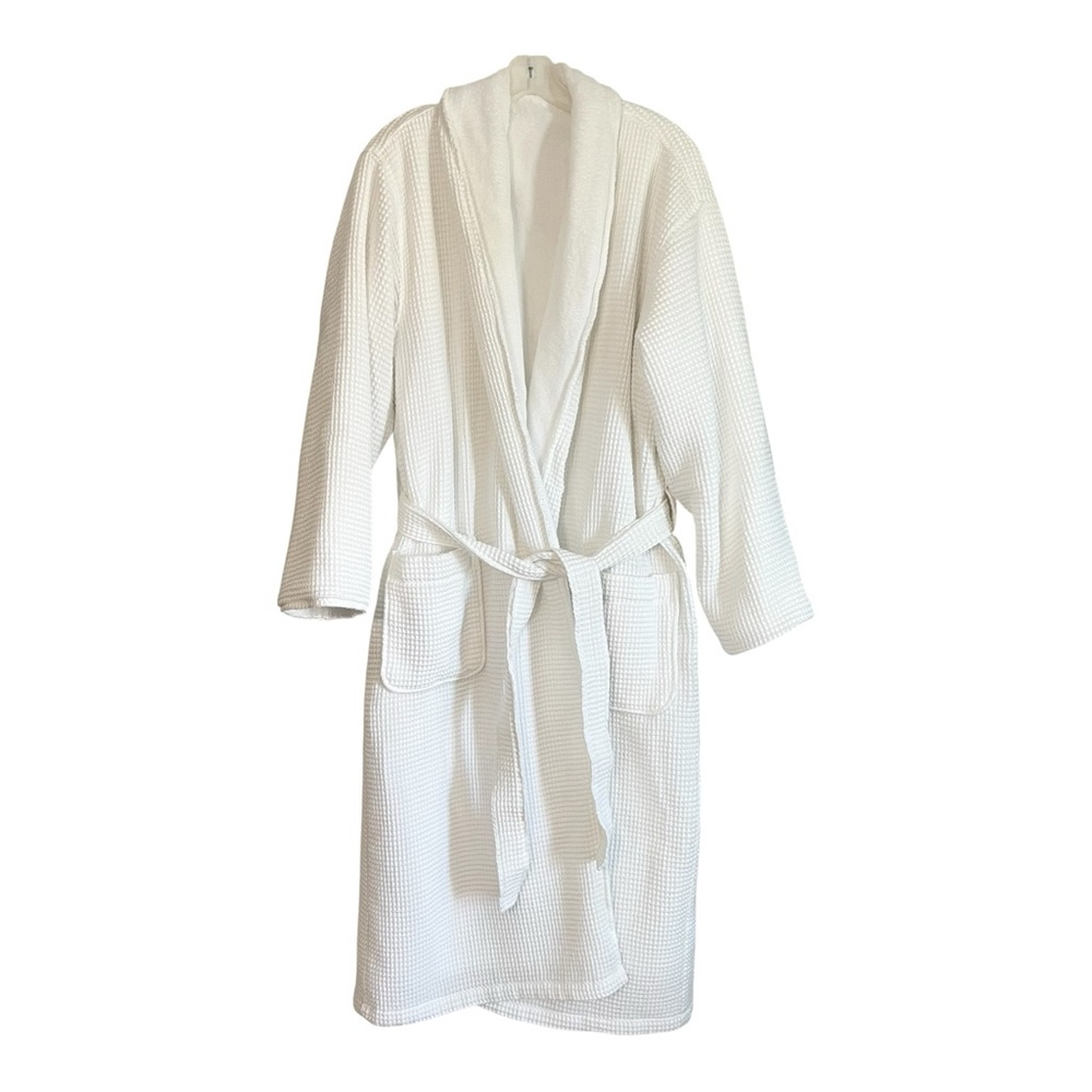 Pottery Barn Terry Lined Waffle Weave Resort Robe - White - Size L